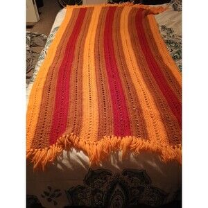 Vtg Crocheted Afghan Blanket  Sofa Throw Retro MCM Gold Red Textured